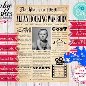 EDITABLE 1959 Birthday Newspaper  A4 and A3 - Australian Last Minute Birthday Gift Edit and Print Yourself