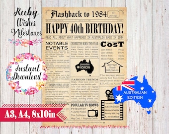 Instant Download 40th Birthday 1984 Australian Newspaper Front Page Printable Poster Major News Events Australia flashback to 1984