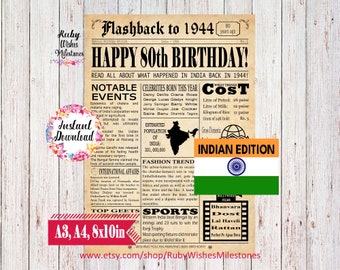 Instant Download 80th Birthday 1944 Indian Newspaper Front Page Printable Poster Born in India Fun Facts Major News Events