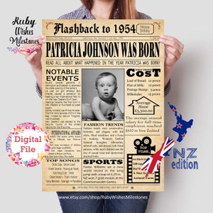 Embrace the NZ heritage with this classic 70th birthday newspaper poster, featuring an aged background, a black and white photo, and showcasing New Zealand history in a sentimental way for someone born in 1954.