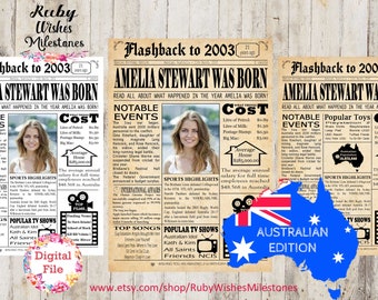 Personalised 21st Birthday 2003 Newspaper Printable Front Page Poster Major News Events Australia- Australian born in 2003 with photo option