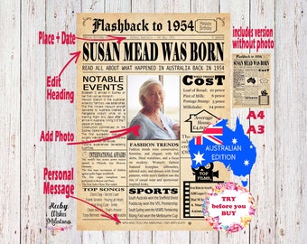 EDITABLE 70th Birthday 1954 Newspaper Major Events Back in the Day Printable- Australian Edit and Print Yourself- Last Minute Gift A3 and A4