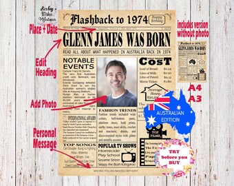 Può includere: Una stampa di giornale in stile vintage intitolata "Flashback to 1974" con il titolo "Glenn James Was Born". Include una foto, eventi notevoli, tendenze della moda e dettagli sul costo della vita. Un'edizione australiana.