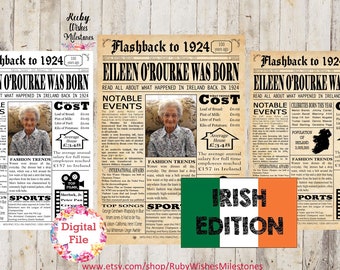 Personalised 100th Birthday 1924 Irish Newspaper Front Page Printable Poster. Born in Ireland. Fun facts major news events. Custom Add photo