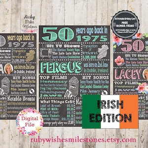 Personalised 50th Birthday 1975 Chalkboard Printable Poster jpg and pdf- Irish Edition with facts for Ireland born in 1975