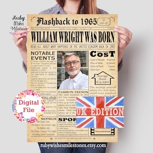 Personalised British 60th Birthday 1965 Newspaper Poster Major Events Back in the Day Printable- UK data for United Kingdom born in 1965