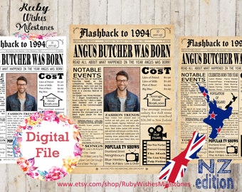 Personalised 30th Birthday 1994 Printable Newspaper Front Page Poster - Major Events New Zealand Kiwi Facts born in 1994. With photo option