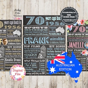 May include: Digital file of three chalkboard-style signs with the text "70 years ago back in 1956". Each sign includes information about sports, films, and notable events from that year. An Australian flag graphic is included.