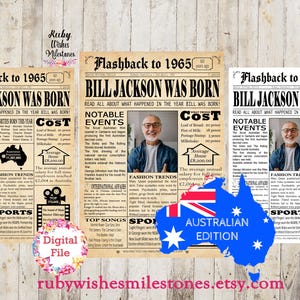 Personalised 60th Birthday 1965 Australian Newspaper Front Page Printable Poster. Born in Australia. Fun Aussie news facts and major events.