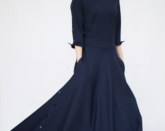 blue long dress - long maxi dress - elegant dress - party dress - women dress - dark blue dress - long dress - dress with pockets - sleeve