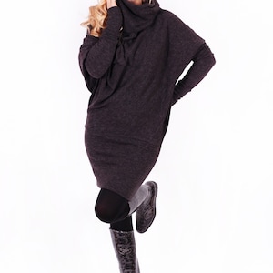 wool dress-grey sweater dress-wool sweater dress-sweater dress-warm dress-oversized sweater-asymmetric sweater-women dress-cosy dress-black