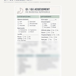May include: A GI/GU assessment ED nursing reference card featuring a checklist for gastrointestinal and genitourinary findings. The document includes sections for abdomen assessment, bowel sounds, nausea, vomiting, urine output, and urinary symptoms.