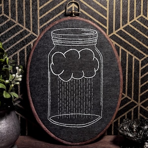 Saving For A Rainy Day Storm Cloud in a Jar Embroidery Hoop Art | Line Art Hand Embroidery on Gray Felt | Ready to Hang Moody Wall Decor