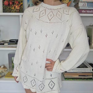 Women&#39;s Vintage Retro Cream Eyelet Knit Boho Pullover Jumper Sweater L