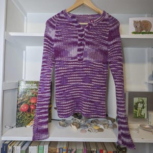 Vintage Retro Hand knit Purple Warm Wool Versatile Neckline Sweater Jumper S M