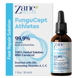 Zane Hellas FunguCept Athlete’s Repair Solution. Relieves Itching, Burning, Cracking, Scaling. Stop Bad Odor. 1 fl. oz - 30 ml.