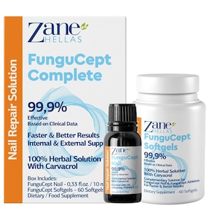 May include: A white box with the text "Zane HELLAS FunguCept Complete 99.9% Effective Based on Clinical Data Faster & Better Results Internal & External Supp 100% Herbal Solution With Carvacrol Box Includes: FunguCept Nail - 0.33 fl.oz. / 10 ml FunguCept Softgels - 60 Softgels Dietary / Food Supplement" and a smaller white bottle with the text "Zane HELLAS FunguCept Softgels 99.9% Effective Based on Clinical Data 100% Herbal Solution With Carvacrol Complementary Solution for FunguCept Nail & FunguCept Athletes For Faster & Better Results Dietary Supplement - 60 Softgels" and a smaller brown bottle with the text "Zane HELLAS FunguCept Nail 99.9% 100% Herbal Solution With Carvacrol Enriched with Oils containing Vitamins A, C, E 10 ml e/0.33 fl.oz."