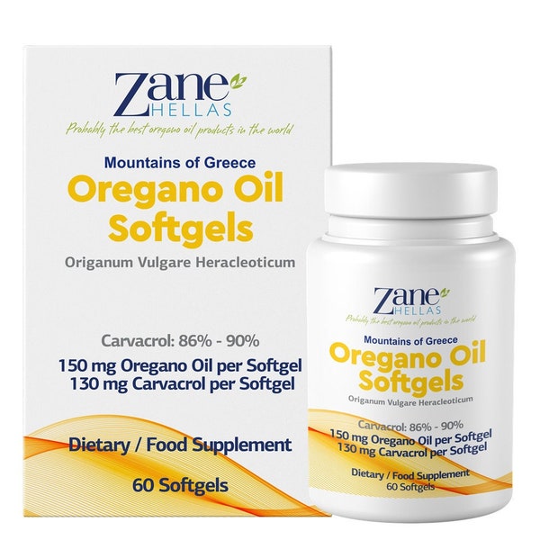 Zane Hellas oregano-olie softgels. Elke softgel bevat 30% Griekse etherische olie van oregano. 130 mg Carvacrol per softgel. 120 softgels