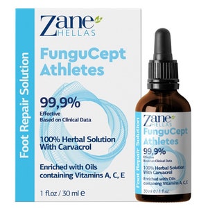 Zane Hellas FunguCept Athlete’s Repair Solution. Relieves Itching, Burning, Cracking, Scaling. Stop Bad Odor. 1 fl. oz - 30 ml.