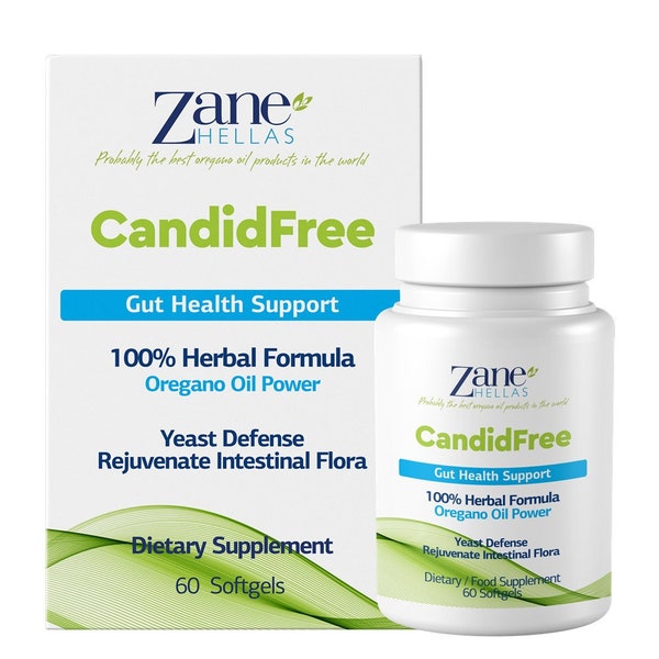 Zane Hellas CandidFree Softgels. 100% Natural Formula. Yeast Defense Gut Health Support. 60 Softgels With 7 Natural Ingredients.