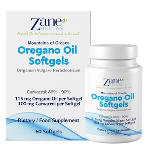 Puede incluir: Una botella blanca con una etiqueta azul que dice "Zane HELLAS Mountains of Greece Oregano Oil Softgels Origanum Vulgare Heracleoticum Carvacrol: 86% - 90% 115 mg Oregano Oil per Softgel 100 mg Carvacrol per Softgel Dietary / Food Supplement 60 Softgels". La botella está sobre una superficie blanca.