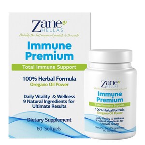 Puede incluir: Una botella blanca de suplemento dietético Zane Helllas Immune Premium con una etiqueta blanca y texto verde. La botella contiene 60 cápsulas blandas y es una fórmula 100% herbal con aceite de orégano. La botella está sobre un fondo blanco.