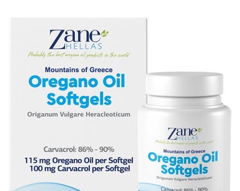 Cápsulas blandas de aceite de orégano de Zane Hellas. Cada cápsula blanda contiene un 20% de aceite esencial griego de orégano. 100 mg de carvacrol por cápsula blanda. Paquete de 2