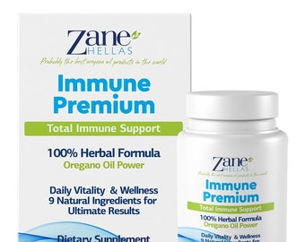 May include: A white bottle of Zane Helllas Immune Premium dietary supplement with a white label and green text. The bottle contains 60 softgels and is a 100% herbal formula with oregano oil power. The bottle is sitting on a white background.