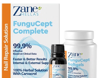 Zane Hellas FunguCept Complete.Solución para uñas fúngicas para uñas descoloridas, espesas, desmenuzadas y con hongos.0.33 oz -10 ml y 60 cápsulas blandas.