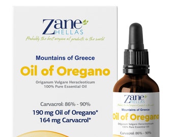 Huile essentielle grecque pure d'origan ZANE HELLAS avec 86 % minimum de carvacrol, 164 mg de carvacrol par portion, 1 fl.oz. 30 ml.Super 100