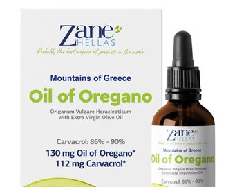 ZANE HELLAS Aceite esencial griego puro de orégano con 86 por ciento mínimo de carvacrol, 1 fl. oz.30 ml. 112 mg de carvacrol por porción.Super 70.