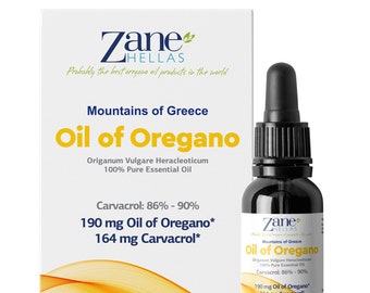 ZANE HELLAS Aceite esencial griego puro de orégano con 86 por ciento mínimo de carvacrol, 164 mg de carvacrol por porción, 0.50 fl.oz. 15ml. Súper 100