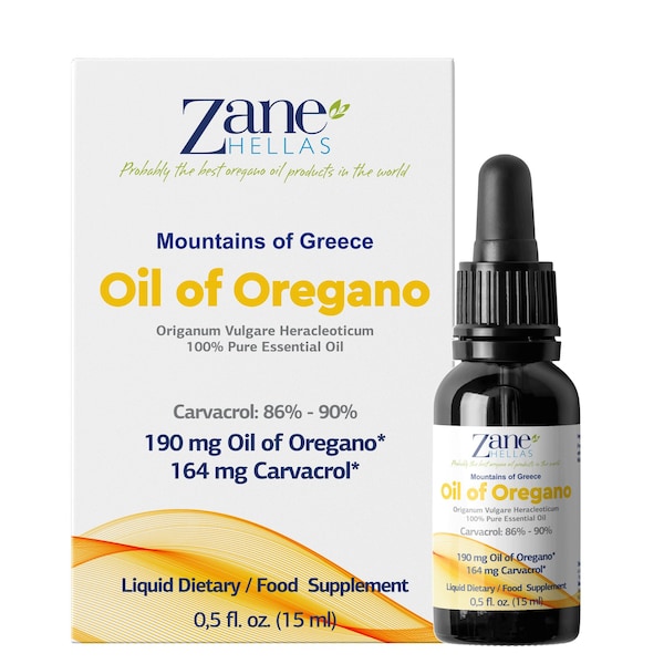 ZANE HELLAS Pure Greek Essential Oil of Oregano with 86 Percent Minimum Carvacrol, 164mg Carvacrol Per Serving, 0.50 fl.oz. 15 ml. Super 100