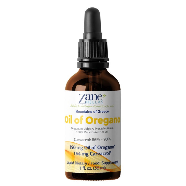 May include: A brown glass bottle with a black dropper top, labeled "Zane HELLAS Oil of Oregano". The bottle contains 100% pure essential oil of oregano from the mountains of Greece. It is a liquid dietary supplement, 1 fl. oz. (30 ml).