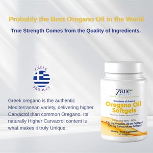 May include: A white plastic bottle of Zane Hellas Oregano Oil Softgels with a white cap. The label features the text 'Mountains of Greece', 'Oregano Oil Softgels', '150 mg Oregano Oil per Softgel', '130 mg Carvacrol per Softgel', and '60 Softgels'.