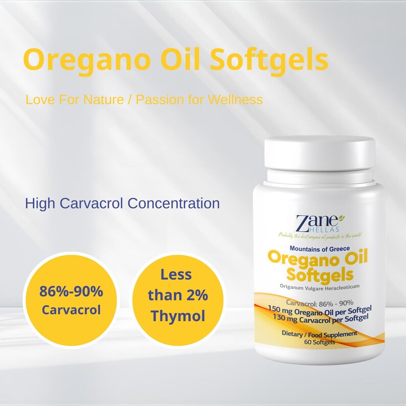 May include: A white plastic bottle of Zane Hellas Oregano Oil Softgels with a white cap. The label features the text Oregano Oil Softgels, Mountains of Greece, 86%-90% Carvacrol, 150 mg Oregano Oil per Softgel, 130 mg Carvacrol, and 60 Softgels.