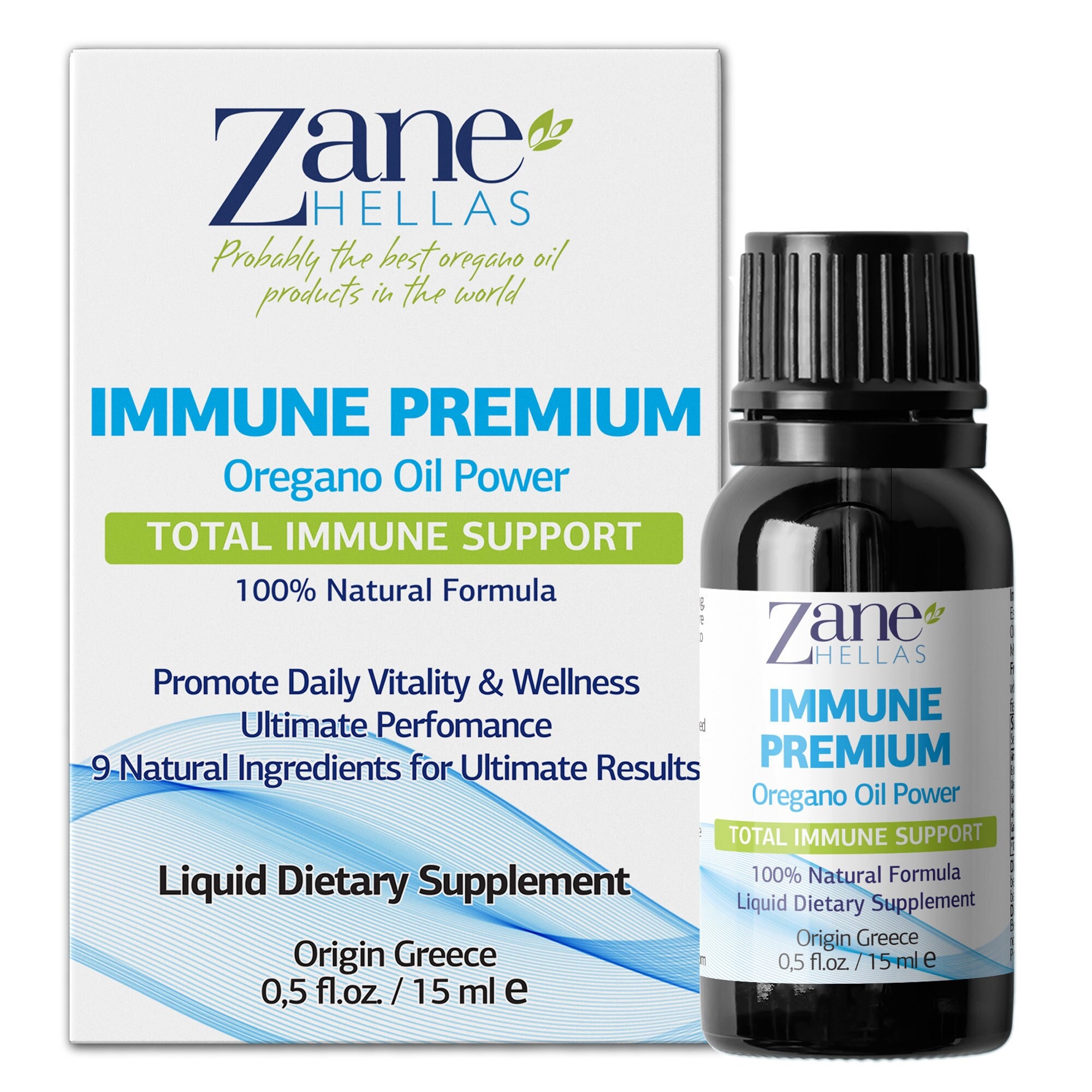 Zane Hellas Immune Premium Total Immune Support. Multiple Defense System. Wellness Support. Provides Strong Antioxidants.  0.5 fl.oz. - 15ml