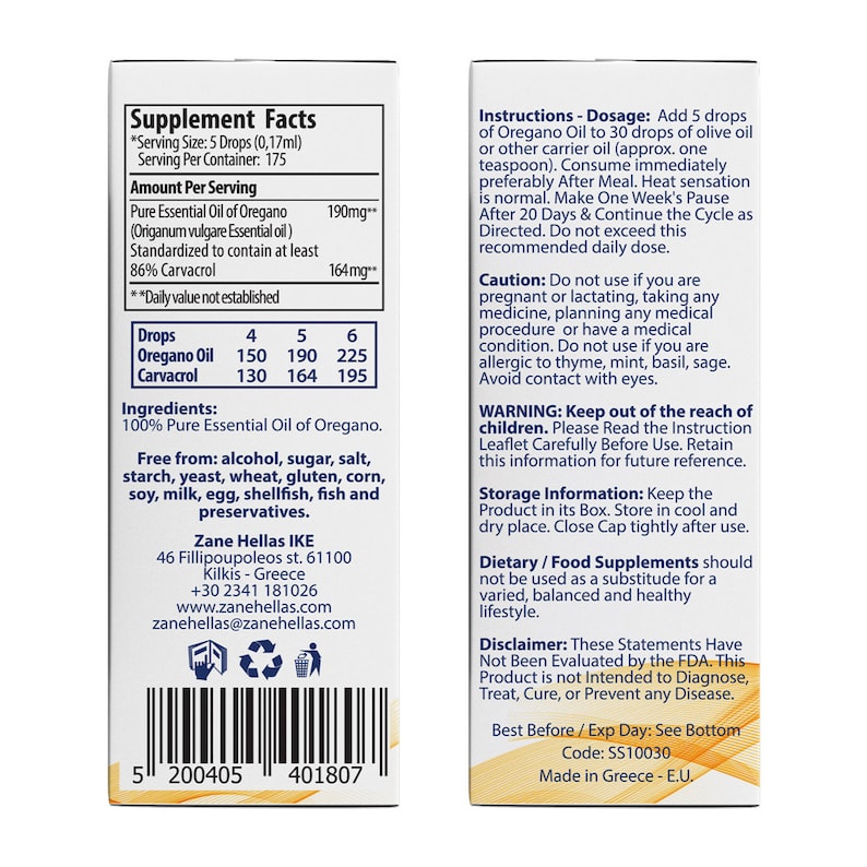 May include: A bottle of oregano oil supplement with a white label and black text. The label includes the product name, ingredients, dosage instructions, and a warning label. The bottle is sitting on a white surface.