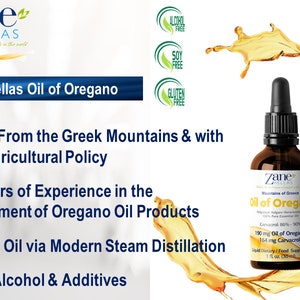May include: A brown glass bottle of Zane Hellas Oil of Oregano, a liquid dietary supplement. The bottle is labeled with the product name, ingredients, and a carvacrol percentage. The bottle is surrounded by a splash of golden liquid.