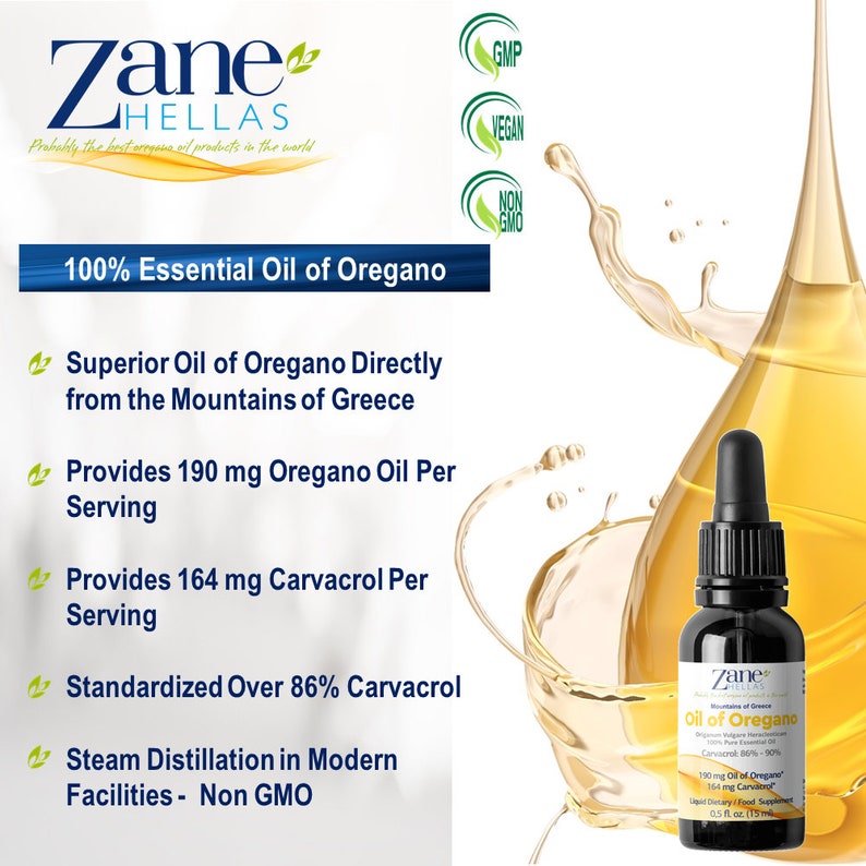 ZANE HELLAS Aceite esencial griego puro de orégano con 86 por ciento mínimo de carvacrol, 164 mg de carvacrol por porción, 0.50 fl.oz. 15ml. Súper 100 imagen 3