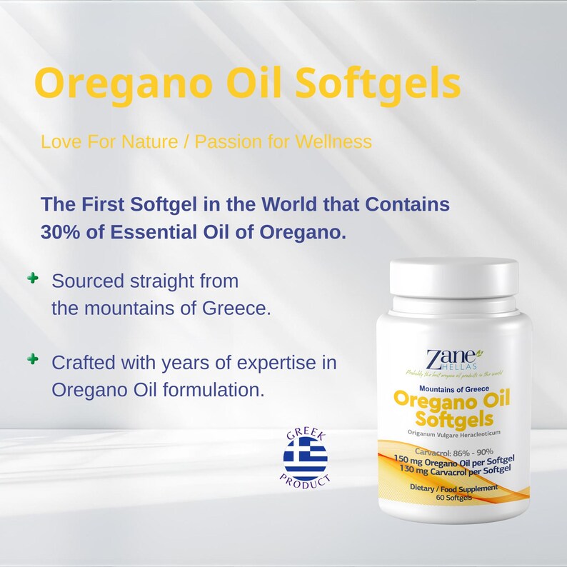 May include: A white bottle of Zane Hellas Oregano Oil Softgels with a white cap. The label features the text Oregano Oil Softgels, 150 mg Oregano Oil per Softgel, 130 mg Carvacrol per Softgel, and 60 Softgels. A Greek flag emblem is also visible.