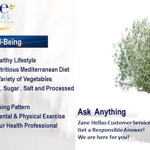 May include: A white background with a blue banner that says "Well-Being" and a list of tips for healthy living. The tips include adopting a healthy lifestyle, preferring a nutritious Mediterranean diet, avoiding fats, sugar, salt, and processed food, getting good sleep, promoting mental and physical exercise, and consulting a health professional. The image also includes a green olive tree on the right side of the image. The text "Ask Anything" is in a blue banner at the bottom of the image, along with the text "Zane Hellas Customer Service", "Get a Responsible Answer!" and "We are here for you!"