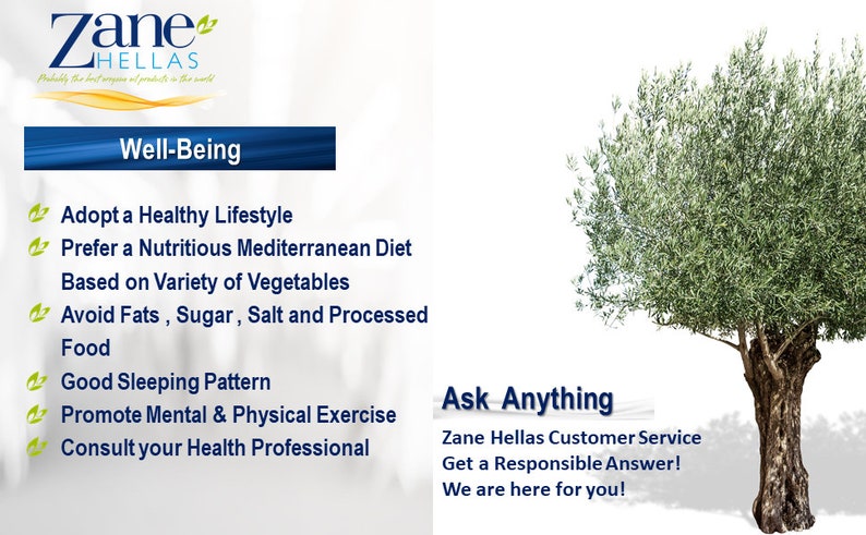 May include: A white background with a blue banner that says "Well-Being" and a list of tips for healthy living. The tips include adopting a healthy lifestyle, preferring a nutritious Mediterranean diet, avoiding fats, sugar, salt, and processed food, getting good sleep, promoting mental and physical exercise, and consulting a health professional. The image also includes a green olive tree on the right side of the image. The text "Ask Anything" is in a blue banner at the bottom of the image, along with the text "Zane Hellas Customer Service", "Get a Responsible Answer!" and "We are here for you!"
