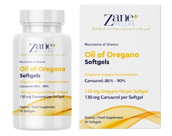 Puede incluir: Un frasco de plástico blanco y una caja rectangular de cápsulas blandas de aceite de orégano Zane Hellas. Las etiquetas incluyen el texto Mountains of Greece, Origanum Vulgare Heracleoticum, Carvacrol: 86% - 90%, 150 mg Oregano Oil, 130 mg Carvacrol y 60 Softgels.