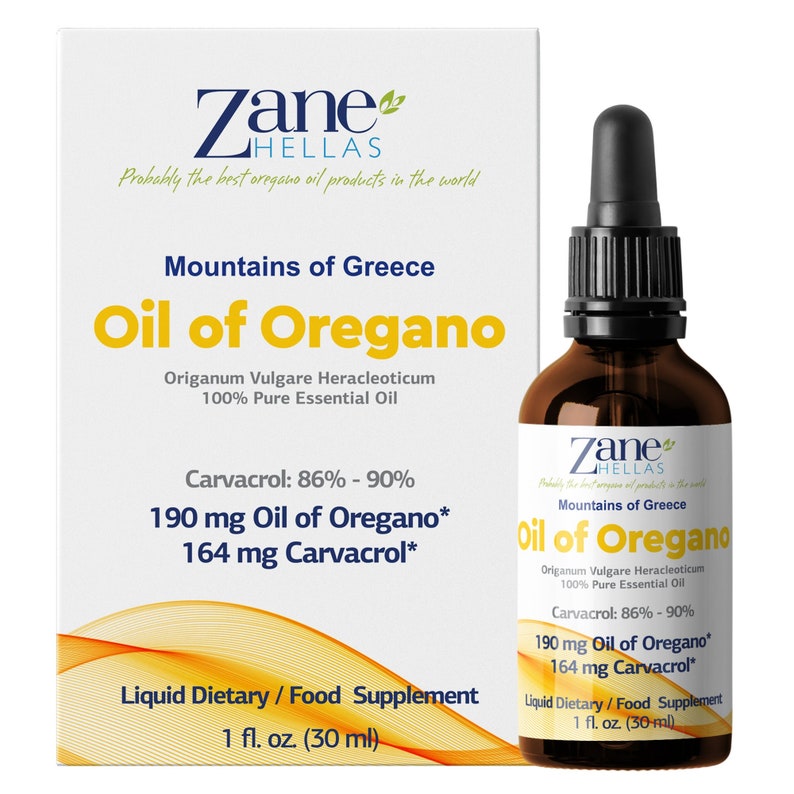 May include: A brown glass bottle of Oil of Oregano from Zane Hellas, a brand that claims to have the best oregano oil products in the world. The bottle is labeled with the product name, ingredients, and dosage information. The bottle is 1 fluid ounce (30 ml) and is a liquid dietary supplement.