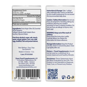 May include: Two white rectangular product labels featuring black text. The left label lists Supplement Facts, ingredients, and manufacturer contact details with a barcode. The right label provides dosage instructions, safety warnings, and a QR code.