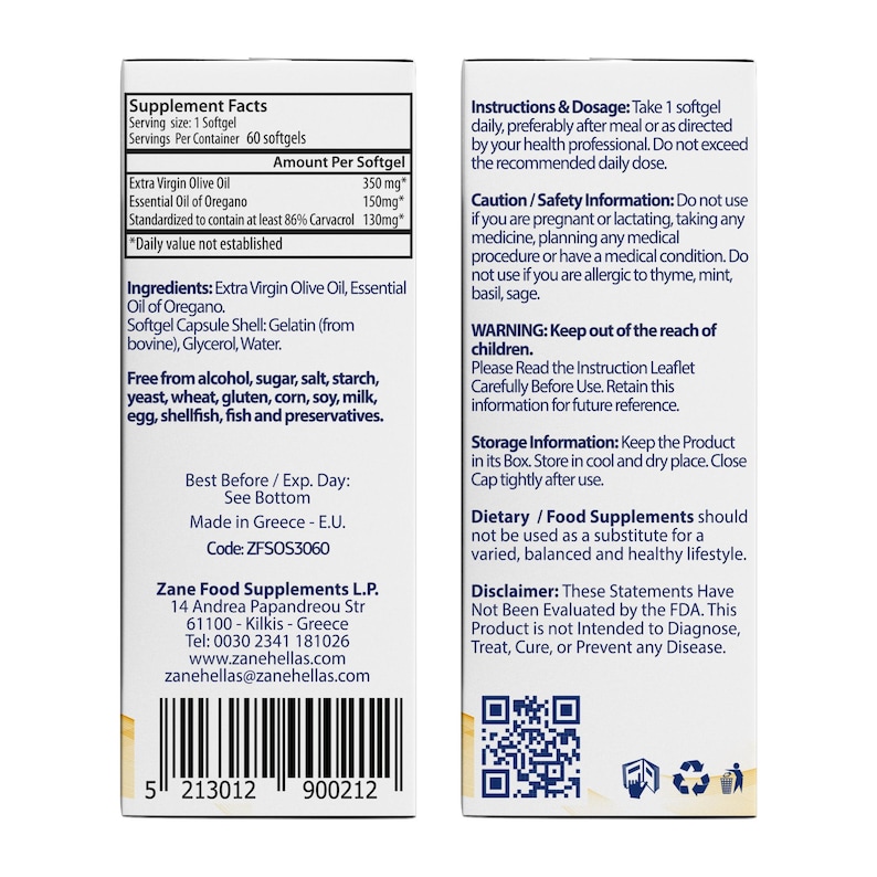 May include: Two white rectangular product labels featuring black text. The left label lists Supplement Facts, ingredients, and manufacturer contact details with a barcode. The right label provides dosage instructions, safety warnings, and a QR code.