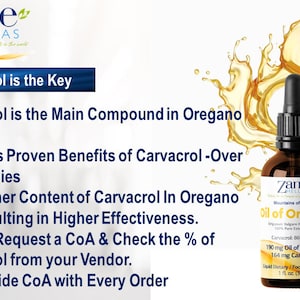May include: A brown glass bottle with a dropper top containing oil of oregano. The bottle label reads "Zane Mountains of Greece Oil of Oregano Carvacrol 86%-90% 190 mg Oil of Oregano 164 mg Carvacrol Liquid Dietary/Food Supplement 1 fl oz (30 ml)". The bottle is surrounded by a yellow liquid splash.