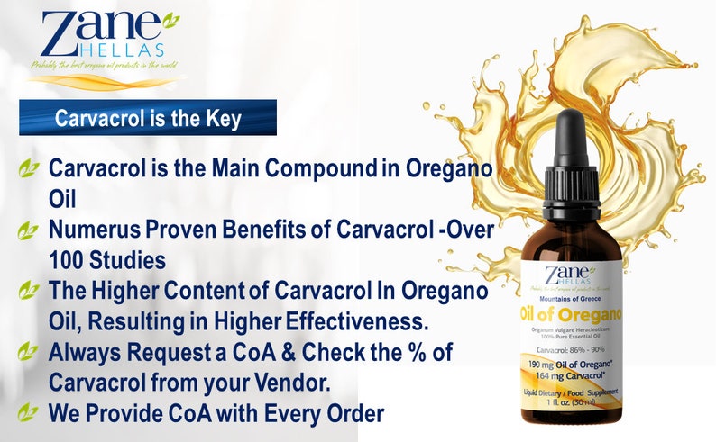 May include: A brown glass bottle with a dropper top containing oil of oregano. The bottle label reads "Zane Mountains of Greece Oil of Oregano Carvacrol 86%-90% 190 mg Oil of Oregano 164 mg Carvacrol Liquid Dietary/Food Supplement 1 fl oz (30 ml)". The bottle is surrounded by a yellow liquid splash.