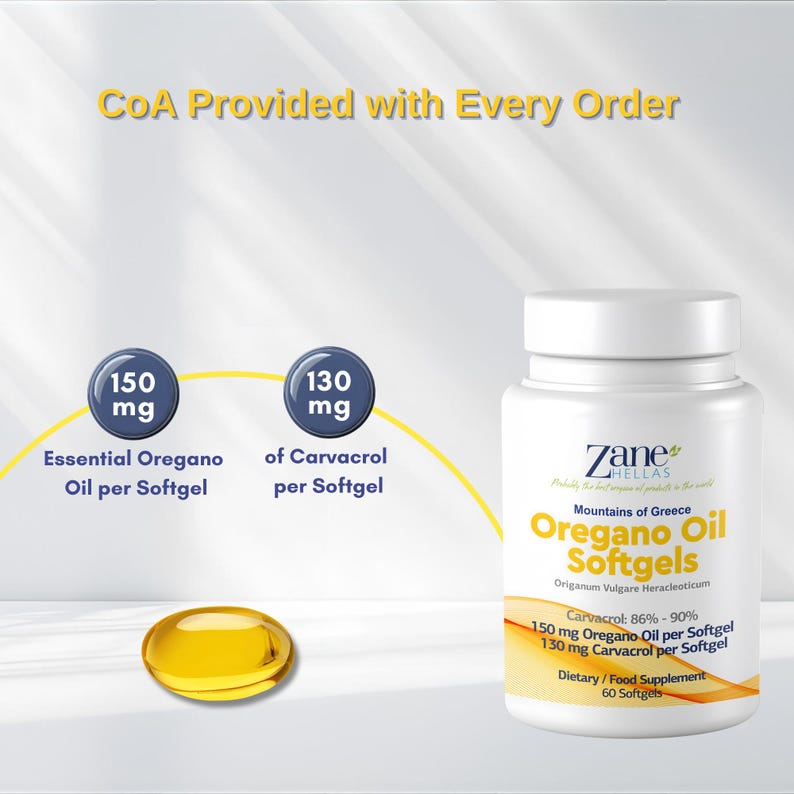 May include: A white bottle of Zane Hellas Oregano Oil Softgels with a yellow label, featuring 150 mg of essential oregano oil and 130 mg of carvacrol per softgel. A single golden yellow softgel sits beside the bottle. Text reads CoA Provided with Every Order.